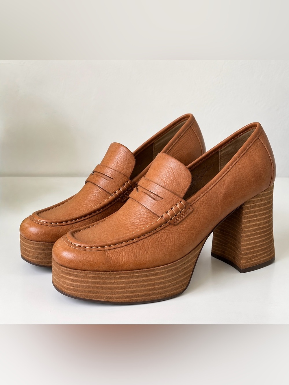 Kork-Ease Barbara Tan Leather Platform Penny Loafers Heels 9.5